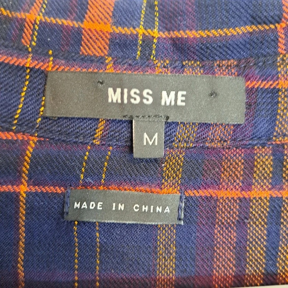 Miss Me Navy Red Metallic Plaid Tunic Long Shirt Tie Waist Button Down Size M - Picture 7 of 9